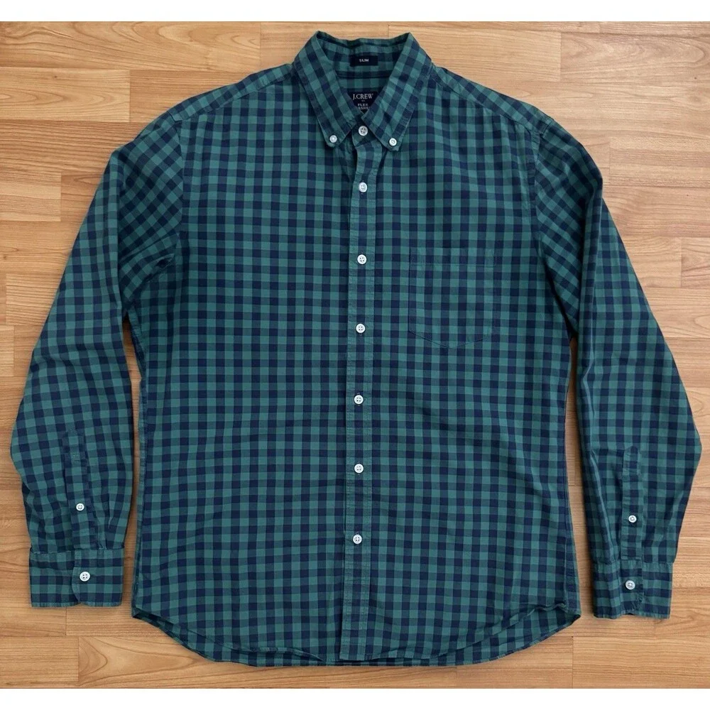 J.Crew Flex Washed Slim Fit Green Navy Buffalo Check Button Down Shirt Mens L